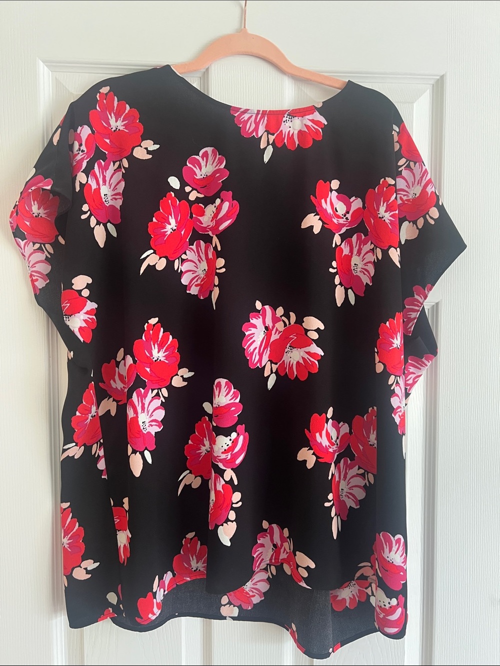 Halogen Black Floral Blouse with Pink and Red Blooms